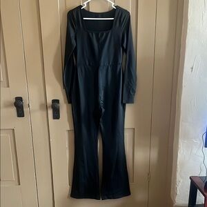 Black Bootcut Jumpsuit with Long Sleeves and Square Neckline